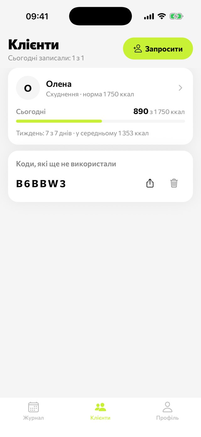 Список клієнтів тренера: Олена, 890 з 1 750 ккал сьогодні